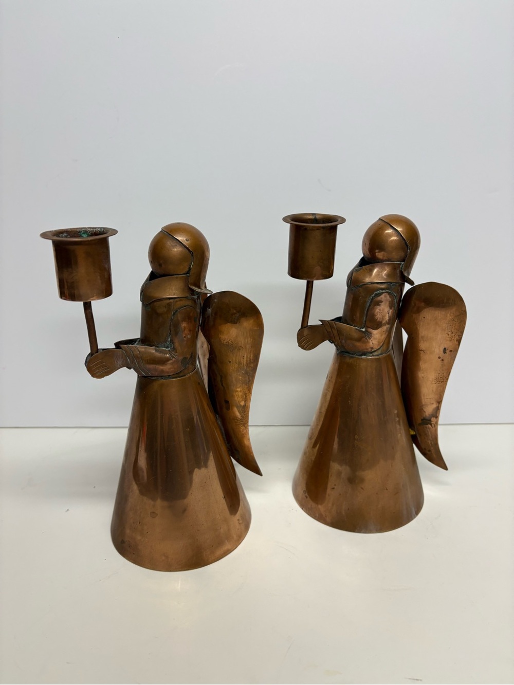 Vintage Copper Angel Candle Holders - Pair Folk Art Set 2
